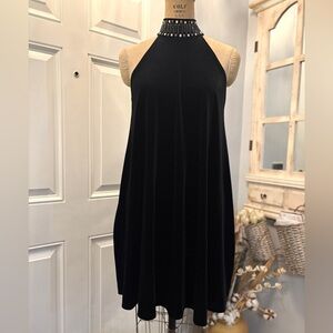 Kaari Blue Black Halter Shift Dress Embellished Neckline Sleeveless Small Chic